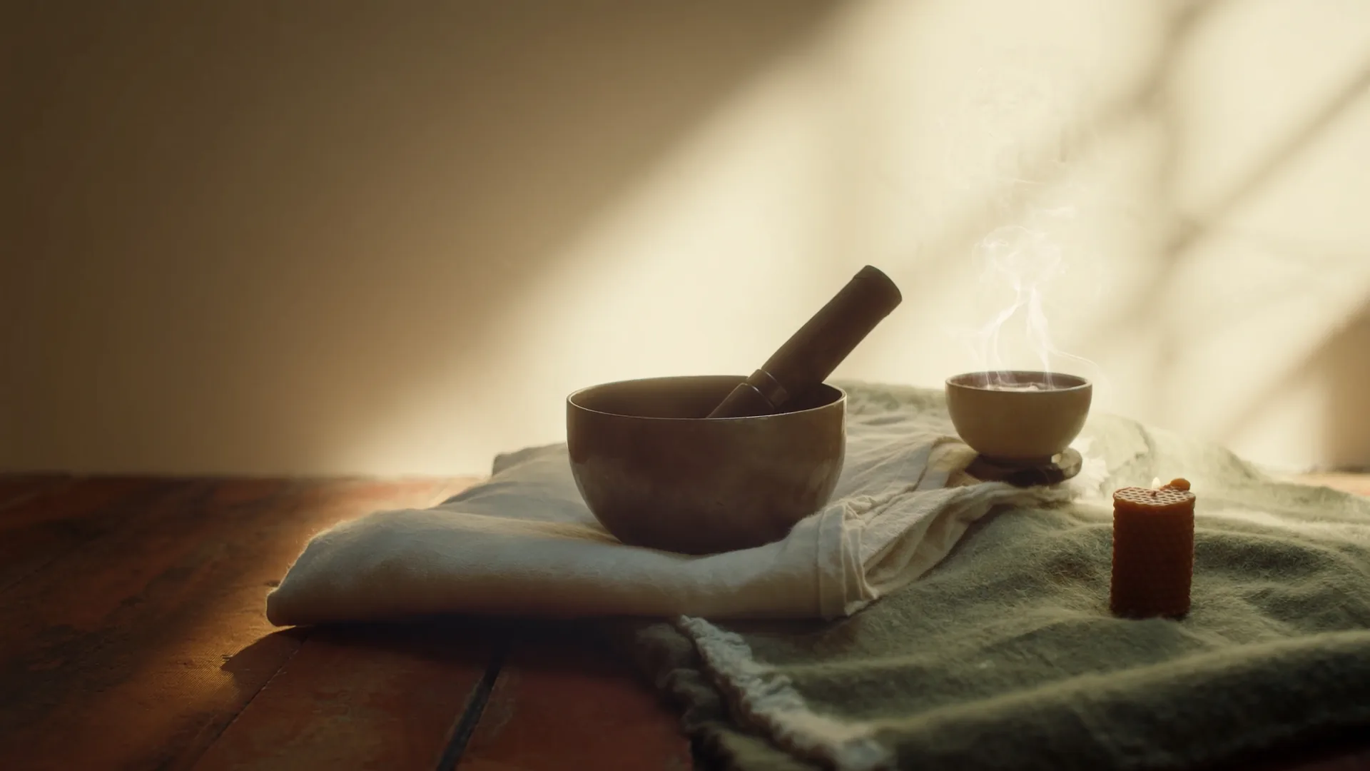 Stillleben: Messing-Klangschale, Decke aus Leinen und Wolle, Tasse Kakao mit aufsteigendem Dampf, Bienenwachs-Kerze, warmes Morgenlicht auf Holzboden.