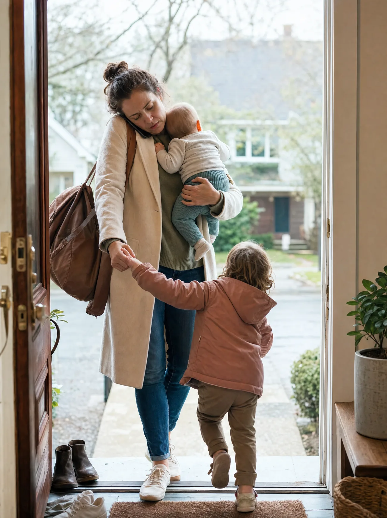 Erschöpfte Mutter an der offenen Haustür, ein Baby auf dem Arm, das Handy zwischen Ohr und Schulter geklemmt, an der Hand ein Kleinkind, das nach draußen zieht. (KI-generiert)