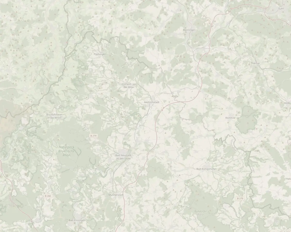 Karte der Rhön mit Ostheim vor der Rhön im Zentrum, brand-konform getönt.