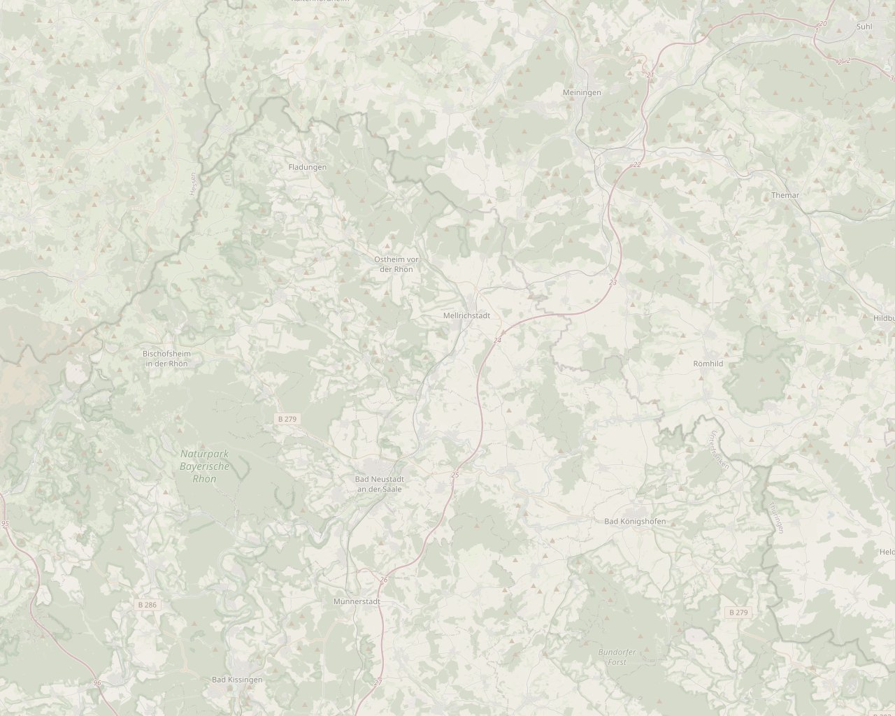 Karte der Rhön mit Ostheim vor der Rhön im Zentrum, brand-konform getönt.